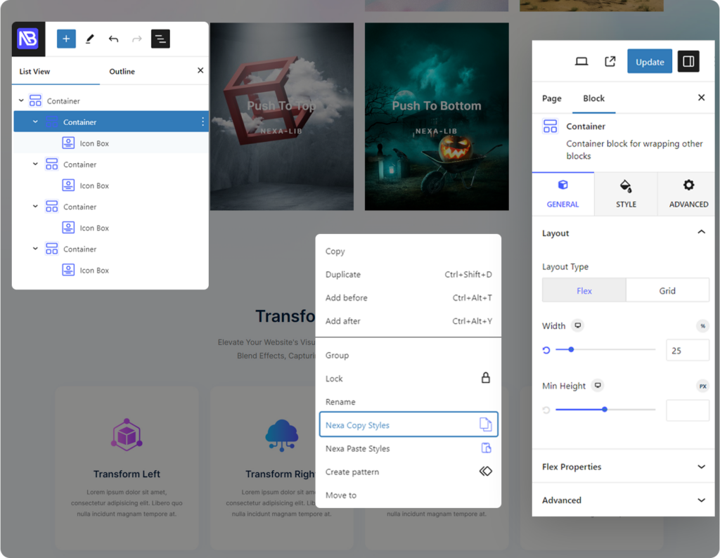WordPress Block Editor showing a NexaBlocks layout